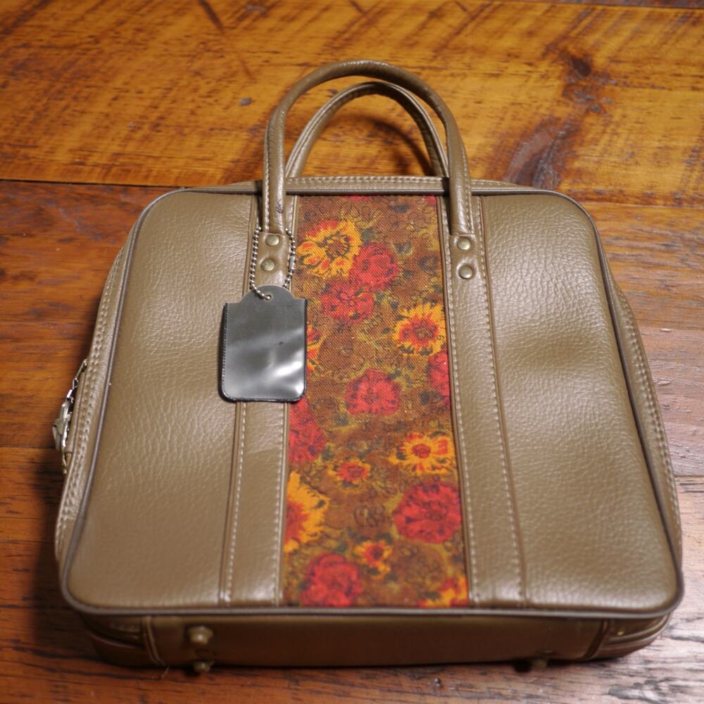 Vtg Atlantic Brown Vinyl Floral Pattern Purse Hand Bag Travel Carry On Luggage